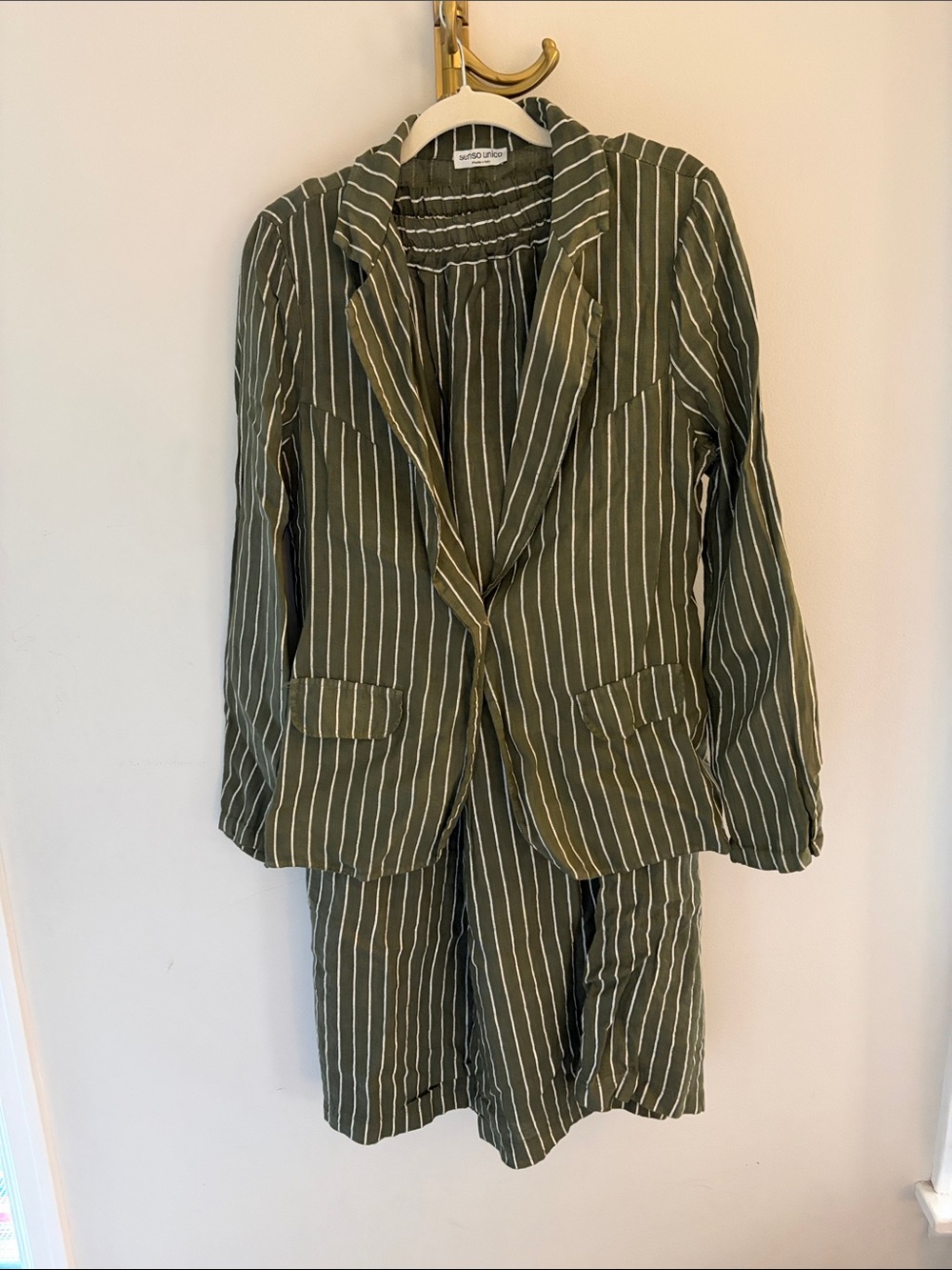italian Linen set : Senso Unico Olive Green Pinstripe Women’s Blazer and Trouser